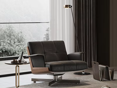 Modern Black Leather Leisure Chair With Scenic Mountain View Floor-to-Ceiling Window And Wooden Side Table 3d model