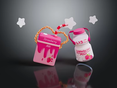 Cute Pink Strawberry Juice Box With Straw And Milk Bottle Star Decorations 3d model
