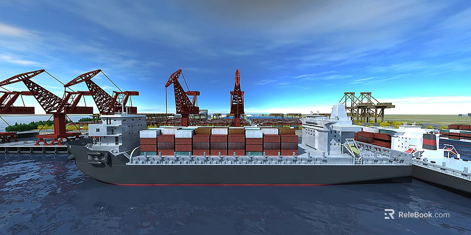Flat Door On Container Ship At Busy Port With Cranes And Bridge Structure 3d model 