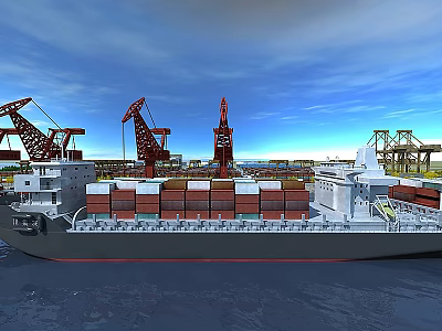 Flat Door On Container Ship At Busy Port With Cranes And Bridge Structure 3d model