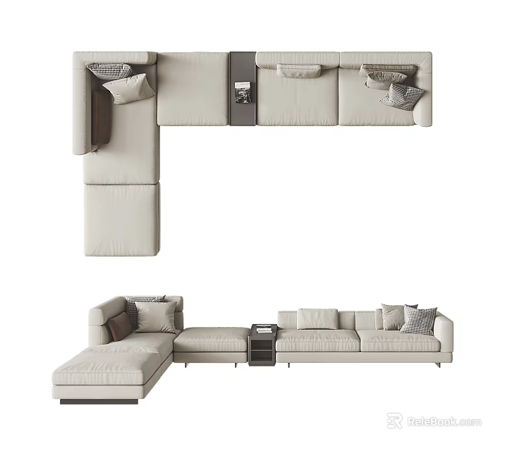 Modern Light Colored Sectional Sofa With Multiple Cushions And Center Side Table 3d model