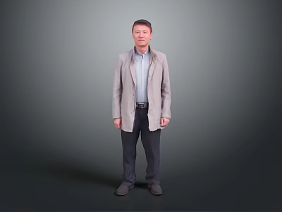 Standing Man In Light Coat And Shirt With Dark Pants Against Gray Background 3d model