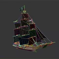 Pirate Ship Model With Black Sails Jolly Roger Flag And Wooden Structure