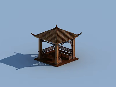 Traditional Chinese Wooden Pavilion With Curved Roof And Open Seating Structure 3d model