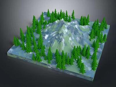 Cartoon Scene of Snowy Mountain Surrounded by Lush Green Pine Trees on Square Platform 3d model