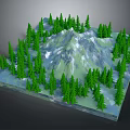 Cartoon Scene of Snowy Mountain Surrounded by Lush Green Pine Trees on Square Platform