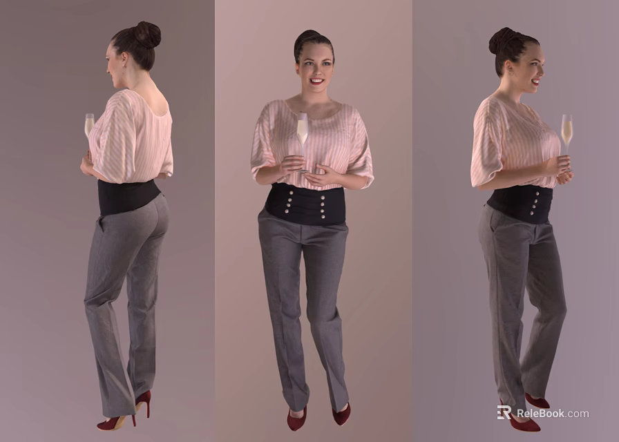 Woman Wearing Pink Top Gray Pants Black Corset Red Heels Holding Glass in Three Views 3d model 