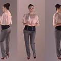 Woman Wearing Pink Top Gray Pants Black Corset Red Heels Holding Glass in Three Views