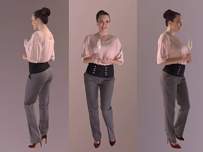 Woman Wearing Pink Top Gray Pants Black Corset Red Heels Holding Glass in Three Views 3d model