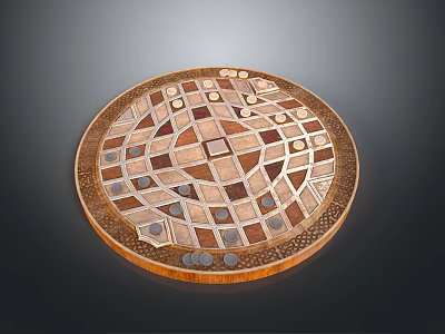 Round Wooden Decorative Tray With Geometric Inlaid Patterns And Ornate Edge Design 3d model