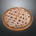 Round Wooden Decorative Tray With Geometric Inlaid Patterns And Ornate Edge Design