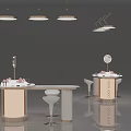 Modern Illuminated Cosmetics Showcase Shelves With Circular Counter Mirror And Stools