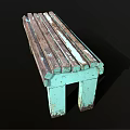 Public Wooden Bench With Weathered Peeling Paint And Blue Green Legs