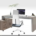 Modern Office Desk With White And Black Chair Computer Monitor Potted Plant And Side Cabinet