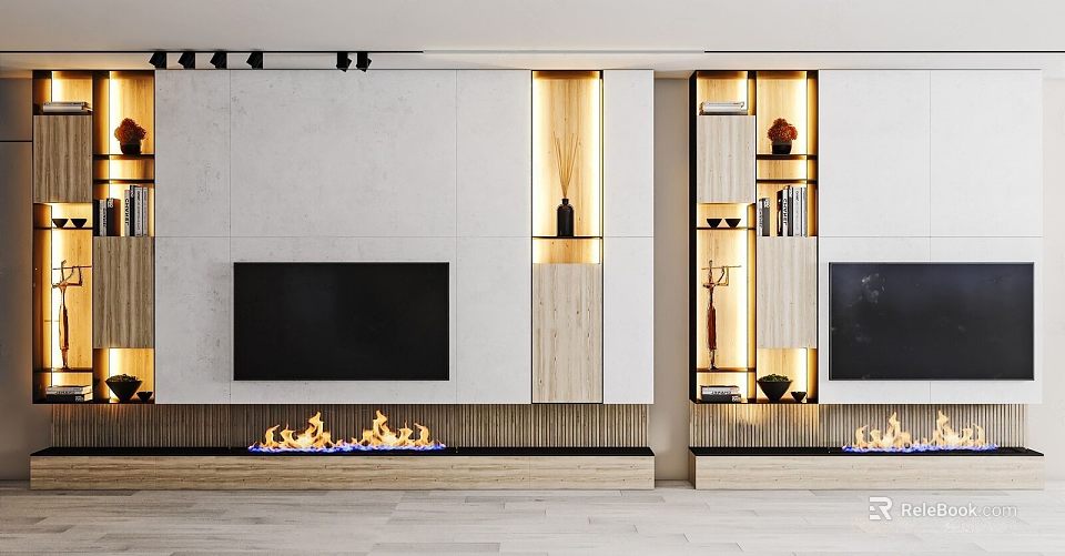 Modern TV Wall Interior Design With Fireplace Lighting And Built in Cabinets 3d model 