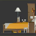 Vibrant Furniture Models Display With Orange Brown Bed Table Cabinet Sofa And Gray Background