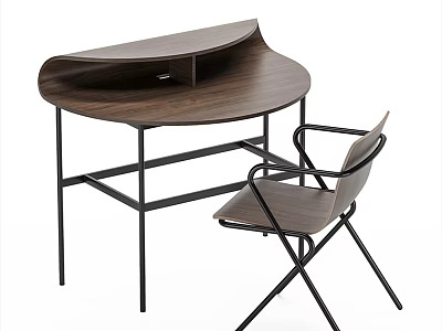 Modern Wooden Desk With Curved Top And Black Metal Frame Accompanied By Chair 3d model
