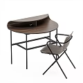 Modern Wooden Desk With Curved Top And Black Metal Frame Accompanied By Chair