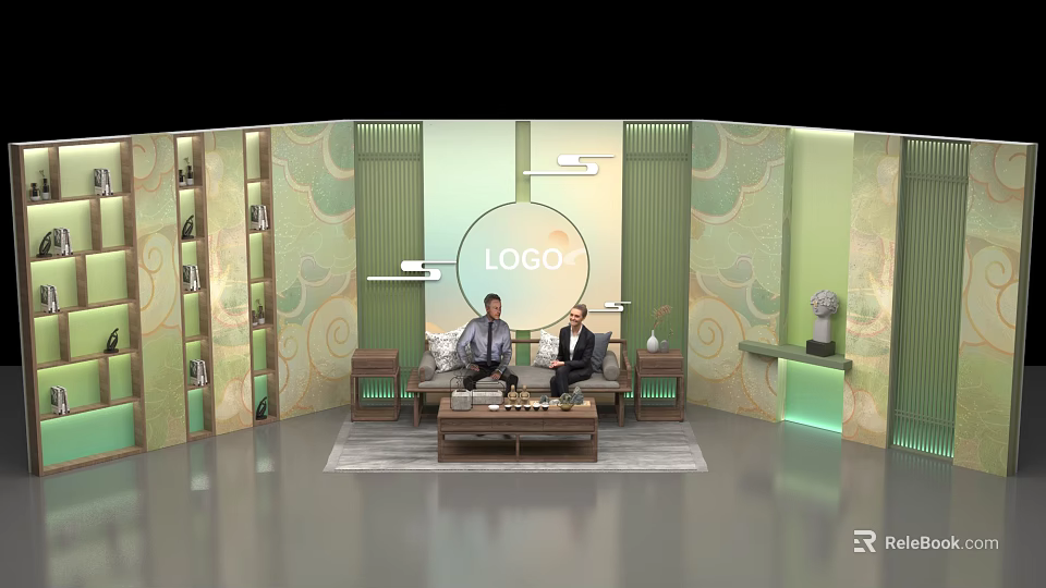 Public Office Area Featuring Green Patterned Walls Circular LOGO Sofa And Decorative Elements 3d model 