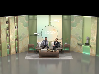 Public Office Area Featuring Green Patterned Walls Circular LOGO Sofa And Decorative Elements 3d model
