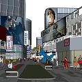 Bustling Commercial Street With High Rise Buildings Shops Large Screen Ads Pedestrians And Greenery
