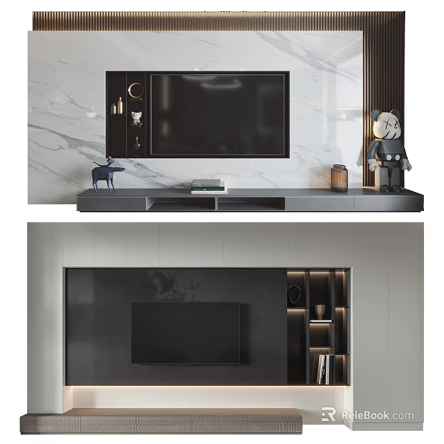 Modern TV Background Wall Interior Design With Marble Panel And Decorative Cabinet 3d model