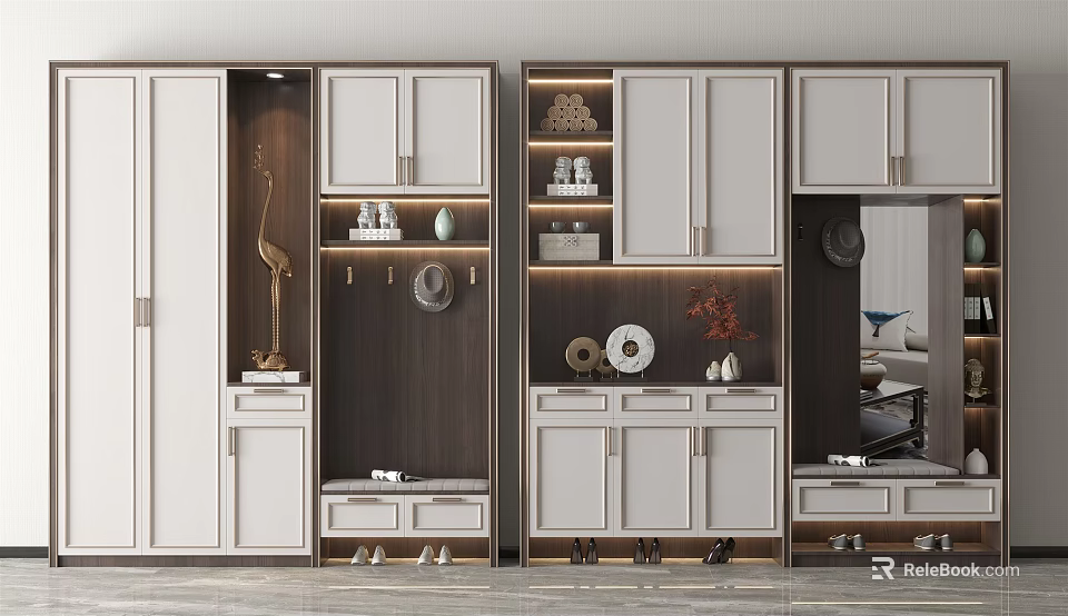 Modern Shoe Cabinet Design With Multiple Storage Spaces And Decorative Display Elements 3d model