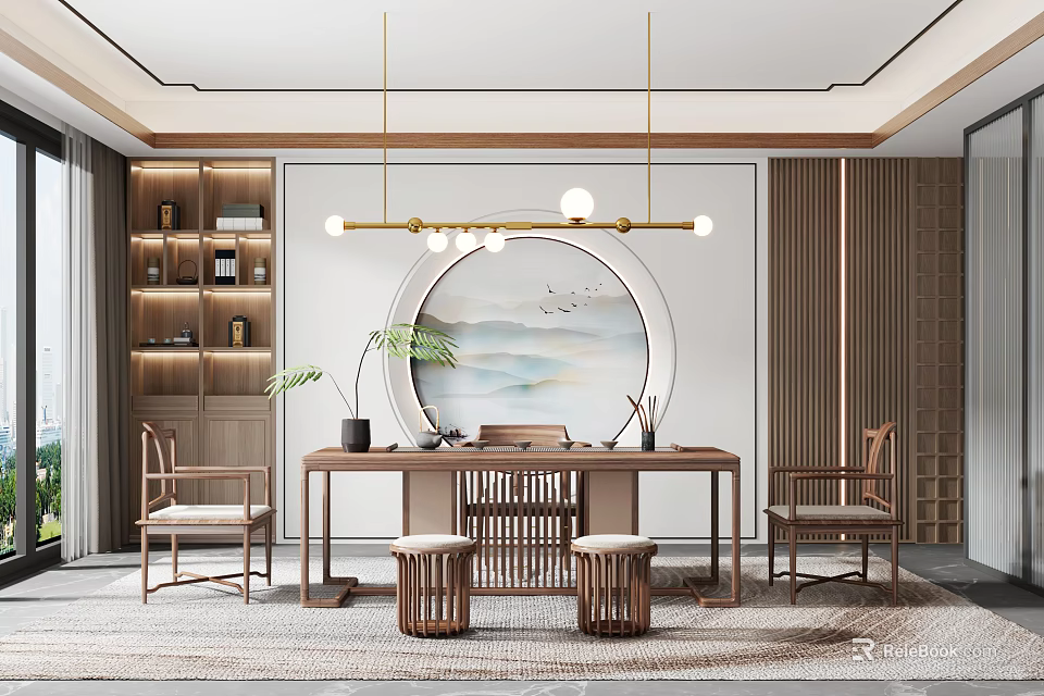 Traditional Tea Room Interior With Wooden Table Chairs Round Painting Pendant Lamp And Potted Plant 3d model 