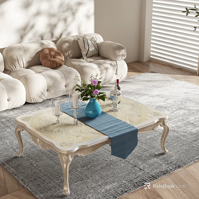 Elegant White Coffee Table With Marble Surface Blue Vase Wine Glasses And Blue Table Runner 3d model