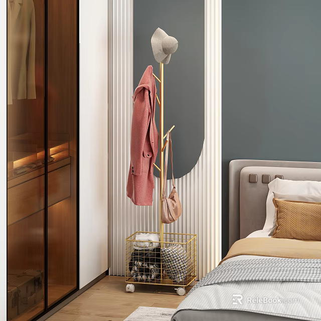 Stylish Golden Coat Rack In Bedroom Corner With Pink Coat Hat And Storage Basket 3d model 