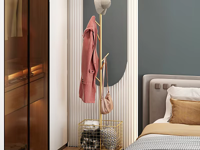Stylish Golden Coat Rack In Bedroom Corner With Pink Coat Hat And Storage Basket 3d model