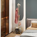 Stylish Golden Coat Rack In Bedroom Corner With Pink Coat Hat And Storage Basket
