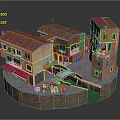 Charming Cartoon Scene With Colorful Buildings Red Roofs Balconies Small Bridge And Stone Pavement