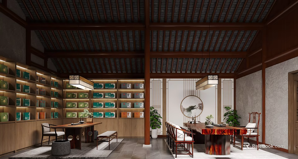 Traditional Chinese Teahouse Interior With Wooden Beams Tea Shelves Green Plants And Round Decor 3d model 