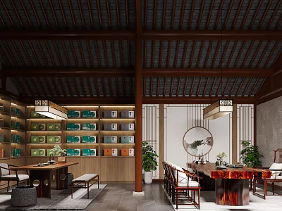 Traditional Chinese Teahouse Interior With Wooden Beams Tea Shelves Green Plants And Round Decor 3d model