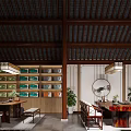 Traditional Chinese Teahouse Interior With Wooden Beams Tea Shelves Green Plants And Round Decor