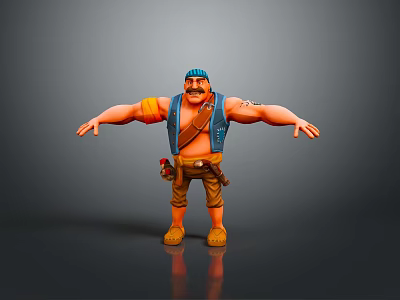 3D Cartoon Style Muscular Character With Blue Hat Beard Arm Tattoos Waist Tools Arms Outstretched 3d model