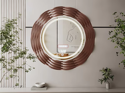 Round Brown Wavy Frame Mirror With LED Light And Green Plants In Minimalist Interior 3d model