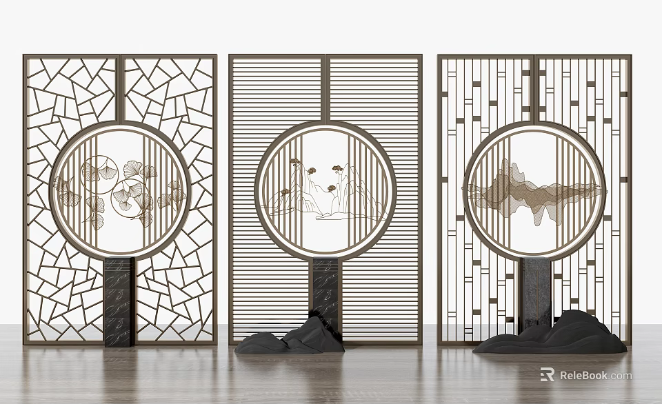 Decorative Chinese Room Dividers Featuring Circular Motifs Floral Figures And Geometric Designs 3d model 
