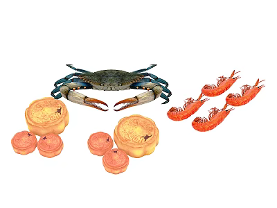 Delicious Fresh Seafood and Traditional Pastries Featuring Crab Shrimp and Round Cakes 3d model