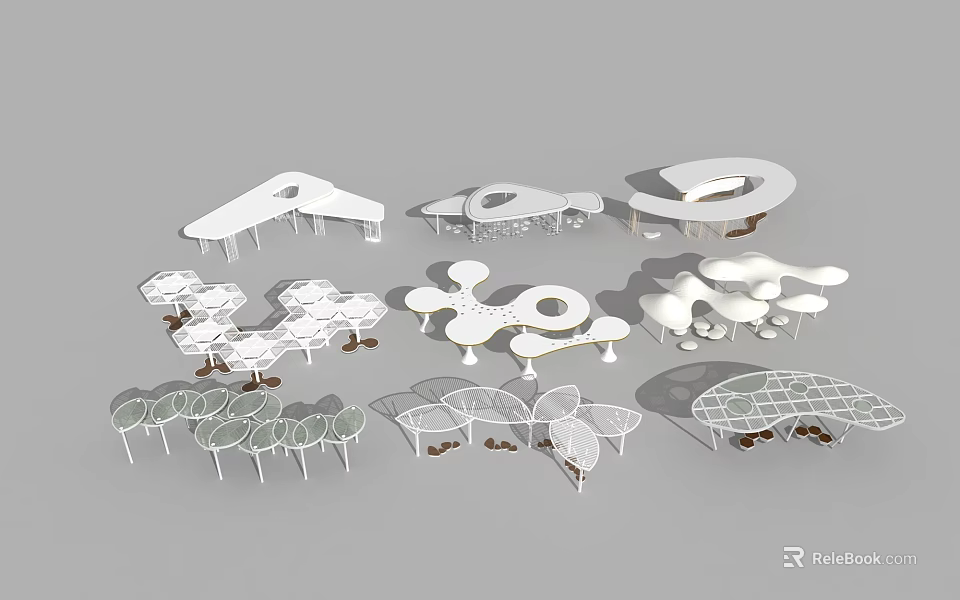 Modern Garden Landscape Design With Various Geometric Pavilions And Seats 3d model 