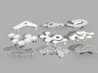 Modern Garden Landscape Design With Various Geometric Pavilions And Seats 3d model