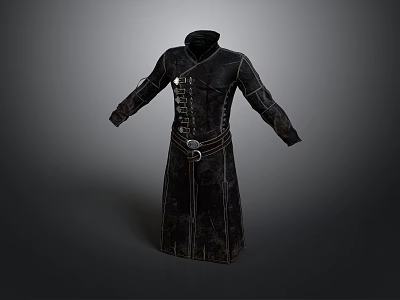 Long Black Leather Coat With Metal Buttons And Belt For Daily Use 3d model