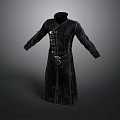 Long Black Leather Coat With Metal Buttons And Belt For Daily Use