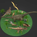 Various Prehistoric Reptiles Including Dinosaurs Pterosaur And Eggs In Grassland With Palm Trees