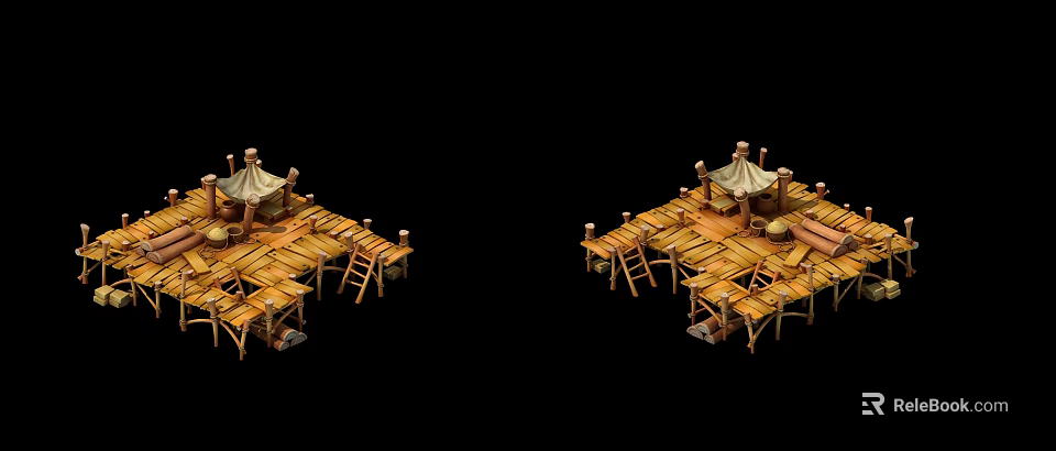 Wooden and Stone Platform Design with Tent Ladder and Rustic Wooden Details 3d model 