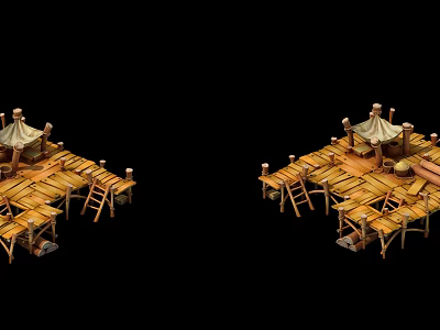 Wooden and Stone Platform Design with Tent Ladder and Rustic Wooden Details 3d model