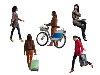 Multiple Women Participating In Different Daily Activities Walking Cycling Carrying 3d model
