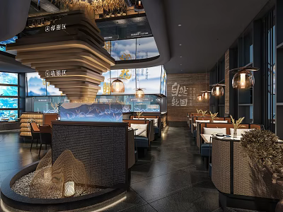 Modern Restaurant Interior With Elegant Lighting Wooden Decor And Cozy Seating Areas 3d model