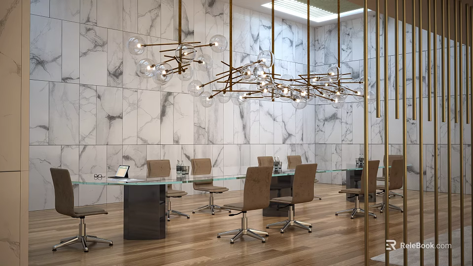 Modern Glass Conference Table With Leather Chairs Marble Wall And Modern Chandelier 3d model 